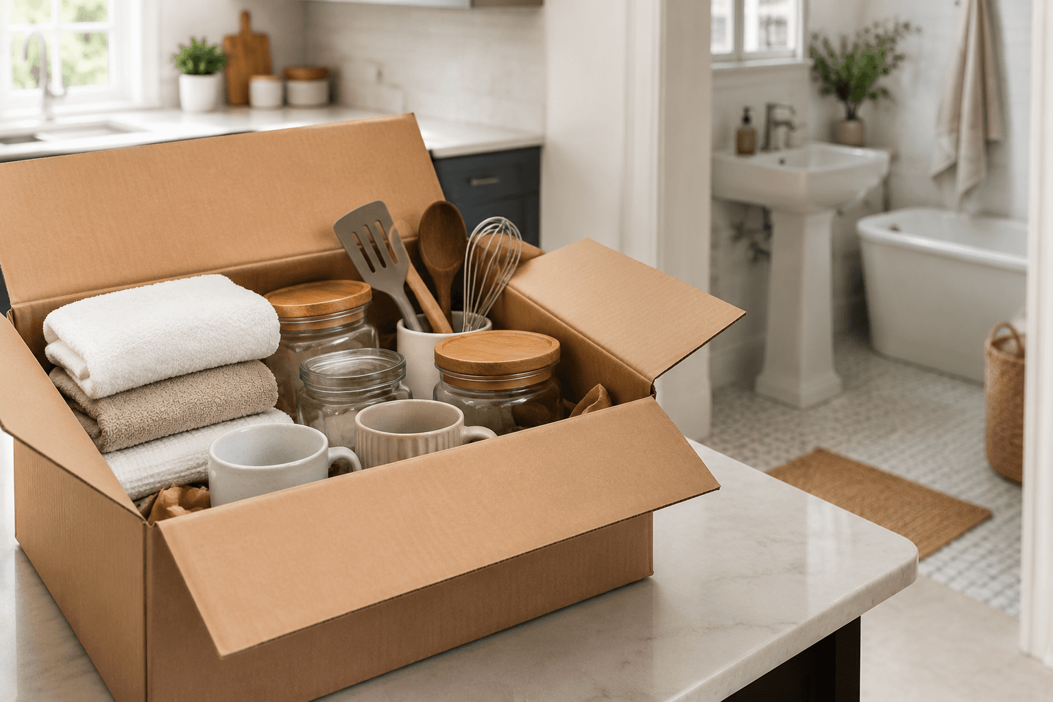 An opened parcel of ordinary home essentials beside a bright kitchen and bathroom corner
