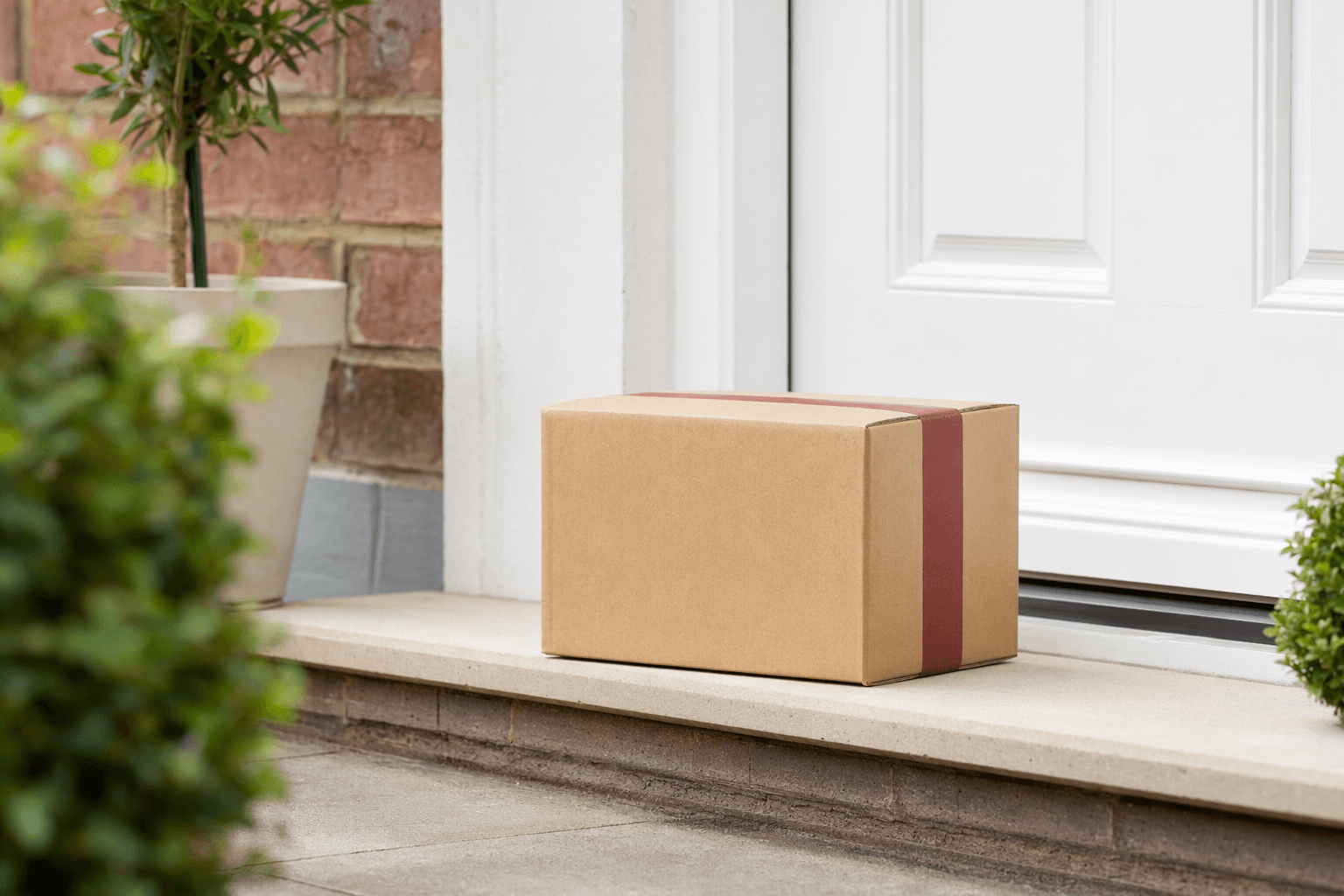A parcel box resting on the doorstep of a tidy home